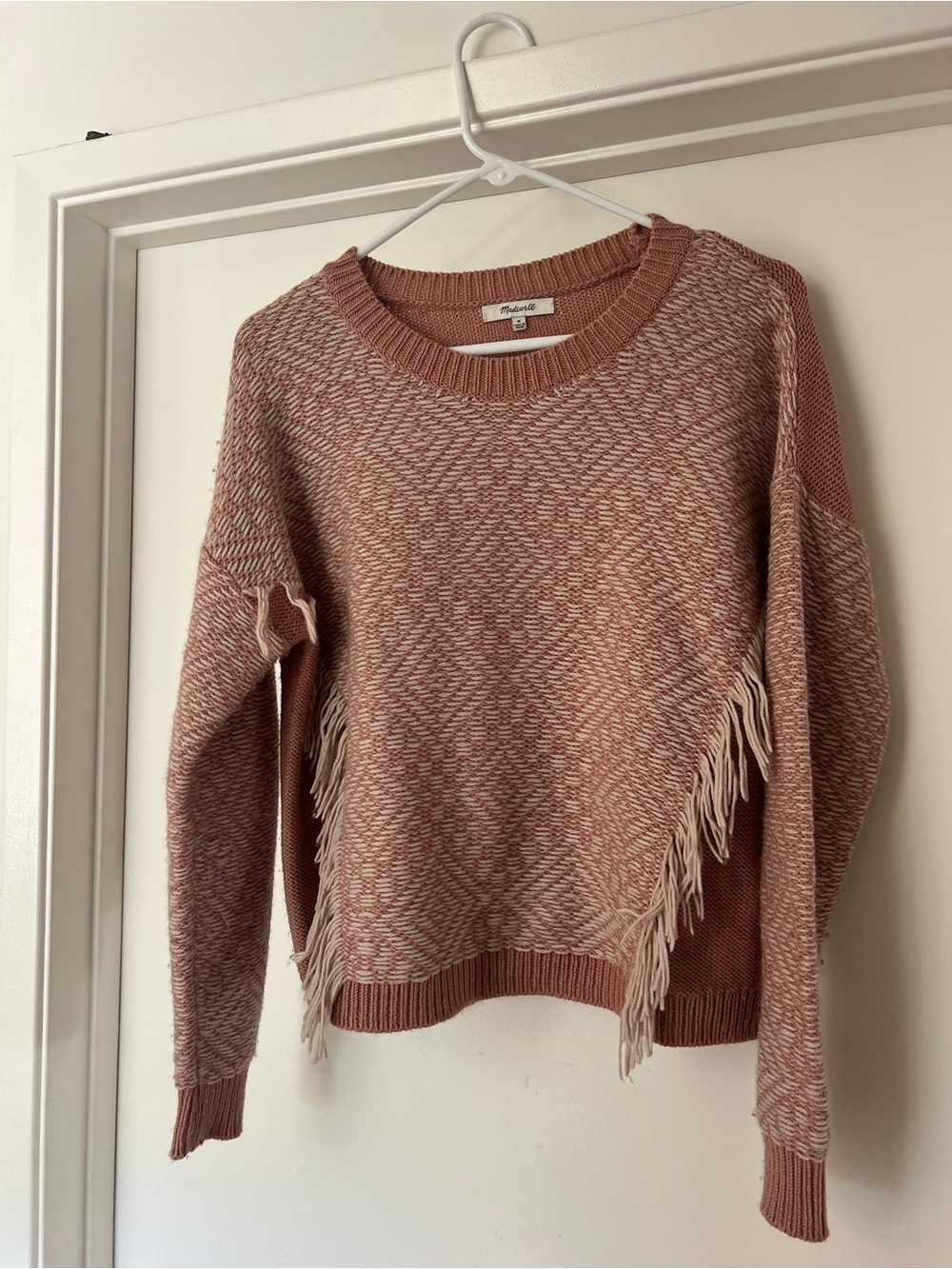 Madewell Two-Tone Fringe Crewneck Sweater - Dusty Rose & Cream
